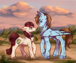 Size: 3000x2500 | Tagged: safe, artist:tired_dog, derpibooru import, oc, oc only, oc:appleale, oc:sorren, earth pony, pegasus, female, male, mare, painting, size difference, stallion