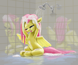 Size: 2457x2045 | Tagged: safe, artist:odooee, derpibooru import, fluttershy, pegasus, pony, cute, female, high res, mare, open mouth, reflection, shampoo, shiny skin, shower, showering, shyabetes, sitting, soap, solo, washing, wet mane