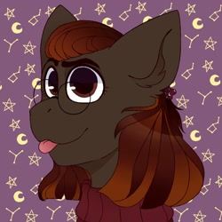 Size: 1024x1024 | Tagged: safe, artist:jayliedoodle, derpibooru import, oc, oc only, oc:jaylie doodle, pony, :p, abstract background, brown hair, bust, cutie, female, glasses, mare, short hair, solo, stars background, tongue out