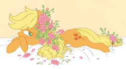 Size: 848x462 | Tagged: safe, artist:nota_mano, derpibooru import, applejack, earth pony, pony, cute, female, flower, flower in hair, jackabetes, mare, no pupils, prone, solo