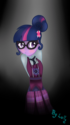 Size: 540x960 | Tagged: safe, artist:loloujelsa, derpibooru import, sci-twi, twilight sparkle, equestria girls, belt, blushing, clothes, crystal prep academy uniform, cute, female, glasses, hair bun, hands behind back, moe, necktie, school uniform, shirt, skirt, solo, twiabetes