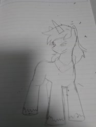 Size: 1080x1440 | Tagged: safe, alternate version, artist:omegapony16, derpibooru import, oc, oc only, pony, unicorn, horn, irl, lineart, lined paper, photo, smiling, smirk, solo, traditional art, unicorn oc, unshorn fetlocks