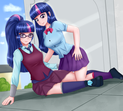 Size: 2000x1800 | Tagged: safe, artist:focusb, derpibooru import, sci-twi, twilight sparkle, equestria girls, clothes, crystal prep academy uniform, duality, duo, duo female, female, glasses, human coloration, school uniform, self paradox, socks, twolight