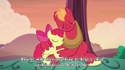 Size: 1280x720 | Tagged: safe, derpibooru import, edit, edited screencap, screencap, apple bloom, big macintosh, earth pony, brotherhooves social, brother and sister, cute, duo, eyes closed, female, happy, hug, male, mister rogers, quote, siblings, tree