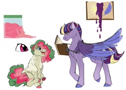 Size: 1280x914 | Tagged: safe, artist:minsona, derpibooru import, oc, oc only, oc:plum syrup, oc:watermelon syrup, earth pony, pegasus, book, magical lesbian spawn, next generation, offspring, parent:pinkie pie, parent:rainbow dash, parent:twilight sparkle, parents:pinkiedash, parents:twidash, reference sheet, simple background, white background