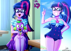 Size: 1429x1024 | Tagged: safe, artist:the-butch-x, derpibooru import, edit, editor:thomasfan45, sci-twi, spike, spike the regular dog, twilight sparkle, dog, better together, equestria girls, adorasexy, adorkable, bare shoulders, beach, beautiful, breasts, busty sci-twi, butch's hello, canterlot high, chair, classroom, clothes, cloud, collar, cute, desk, dog collar, dork, duo, female, geode of telekinesis, glasses, grin, hand on hip, happy, hello x, legs, magical geodes, male, one-piece swimsuit, open mouth, peace sign, ponytail, pose, pretty, sexy, sitting, skirt, sky, smiling, striped swimsuit, swimsuit, thighs, tricolor swimsuit, twiabetes