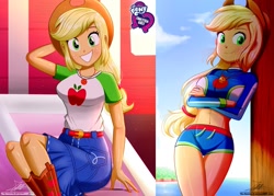 Size: 1429x1024 | Tagged: safe, artist:the-butch-x, derpibooru import, edit, editor:thomasfan45, applejack, equestria girls, equestria girls series, applejack's hat, applerack, beach, beach babe, beautiful, belly button, belt, bikini, boots, breasts, butch's hello, clothes, cloud, cowboy hat, crossed legs, cute, denim skirt, equestria girls logo, farmhouse, female, freckles, geode of super strength, happy, hat, hello x, jackabetes, legs, looking at you, magical geodes, midriff, sexy, shirt, shoes, signature, sitting, skirt, sky, smiling, solo, steps, stetson, swimsuit