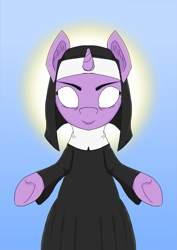 Size: 1755x2481 | Tagged: safe, artist:mediocre, derpibooru import, twilight sparkle, unicorn twilight, unicorn, eyes closed, nun, open arms, simple background, solo, standing