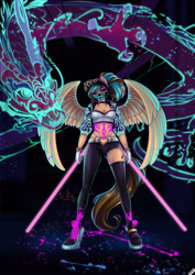 Size: 2199x3110 | Tagged: safe, artist:lifejoyart, derpibooru import, oc, oc:revy, anthro, dragon, pegasus, unguligrade anthro, akali, assassin, fantasy class, k/da, league of legends, looking at you, rogue, solo, wings