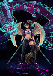 Size: 2199x3110 | Tagged: safe, artist:lifejoyart, derpibooru import, oc, oc:revy, anthro, dragon, akali, assassin, fantasy class, k/da, league of legends, rogue, wings