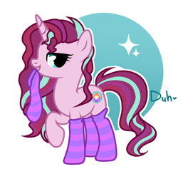 Size: 696x661 | Tagged: safe, artist:duhhh, derpibooru import, oc, oc only, oc:dawn light (ice1517), pony, unicorn, bedroom eyes, clothes, female, icey-verse, looking at you, magical lesbian spawn, mare, mouth hold, multicolored hair, offspring, parent:starlight glimmer, parent:sunset shimmer, parents:shimmerglimmer, raised hoof, socks, solo, striped socks, ych result