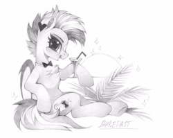 Size: 3876x3084 | Tagged: safe, artist:share dast, derpibooru import, oc, oc only, oc:kokomo, bat pony, pony, bat pony oc, bat wings, drink, grayscale, monochrome, sitting, solo, traditional art, wings