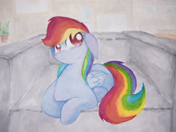 Size: 4032x3024 | Tagged: safe, artist:papersurgery, derpibooru import, rainbow dash, pegasus, pony, female, indoors, mare, sitting, solo, traditional art, watercolor painting