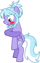 Size: 1599x2500 | Tagged: safe, artist:jawsandgumballfan24, derpibooru import, cloudchaser, pegasus, pony, bipedal, blushing, covering, covering crotch, embarrassed, female, mare, simple background, solo, transparent background, we don't normally wear clothes