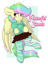 Size: 1380x1881 | Tagged: safe, artist:spoopygander, derpibooru import, oc, oc only, oc:flavorful sweets, pegasus, pony, abstract background, badge, clothes, con badge, male, pegasus oc, socks, solo, stallion, striped socks, wings