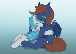 Size: 3508x2480 | Tagged: safe, artist:arctic-fox, derpibooru import, oc, oc only, oc:razzie, oc:warly, bat pony, dracony, dragon, hybrid, pony, bat pony oc, fangs, hug, one eye closed, shipping, simple background, snuggling, wholesome