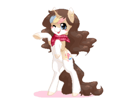 Size: 367x292 | Tagged: safe, artist:minigini, derpibooru import, oc, oc only, oc:skittles, pony, unicorn, animated, blush sticker, blushing, clothes, colored hooves, female, gif, heart, horn, mare, multicolored hair, music notes, pictogram, pixel art, rainbow hair, rearing, reference sheet, scarf, simple background, socks (coat marking), transparent background, unicorn oc