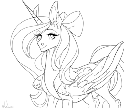 Size: 1600x1400 | Tagged: safe, artist:lady-lorienn, derpibooru import, oc, oc:fleurbelle, alicorn, alicorn oc, bow, female, hair bow, long eyelashes, looking at you, majestic, mare, sketch, sweet