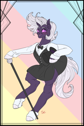 Size: 3000x4500 | Tagged: safe, artist:sourcherry, derpibooru import, oc, oc only, oc:cyberia starlight, earth pony, pony, bowtie, cane, clothes, dancing, female, hat, mare, sharp teeth, smiling, solo, teeth, top hat