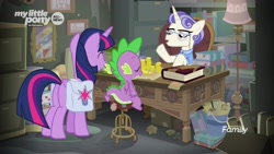 Size: 1920x1080 | Tagged: safe, derpibooru import, screencap, first folio, spike, twilight sparkle, twilight sparkle (alicorn), alicorn, dragon, pony, the point of no return, bag, bits, book, lamp, saddle bag, winged spike