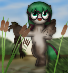 Size: 2000x2133 | Tagged: safe, artist:99999999000, derpibooru import, oc, oc:li anna, frog, pegasus, pony, dirty, female, filly, pond, solo, water, young