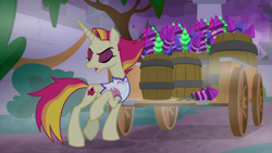 Size: 1920x1080 | Tagged: safe, derpibooru import, screencap, fire flare, the summer sun setback, barrel, bush, canterlot, cart, clothes, eyes closed, eyeshadow, female, fireworks, fog, implied rarity, makeup, night, open mouth, raised hoof, solo, unamused, vest, wagon