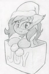 Size: 1675x2513 | Tagged: safe, artist:zemer, derpibooru import, oc, oc only, oc:mariposa, bat pony, pony, box, christmas, ear fluff, hat, holiday, looking at you, monochrome, pony in a box, santa hat, solo, traditional art