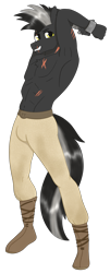 Size: 1430x3531 | Tagged: safe, artist:dyonys, derpibooru import, oc, oc:grey iron, anthro, earth pony, armpits, belly button, belt, boots, clothes, crotch bulge, cuffs, handcuffed, looking at you, male, muscles, pants, partial nudity, scar, shoes, simple background, smiling, standing, topless, transparent background