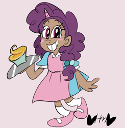 Size: 784x800 | Tagged: safe, artist:mirabuncupcakes15, derpibooru import, sugar belle, human, apron, blushing, clothes, cupcake, dark skin, dress, female, food, grin, horn, horned humanization, humanized, mary janes, pink background, simple background, smiling, socks, solo, tray