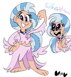 Size: 733x800 | Tagged: safe, artist:mirabuncupcakes15, derpibooru import, silverstream, human, barefoot, clothes, cute, diastreamies, feet, female, grin, humanized, jewelry, midriff, necklace, open mouth, shirt, shorts, simple background, smiling, solo, white background, winged humanization, wings