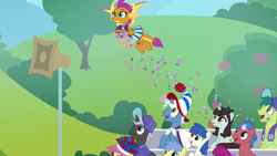 Size: 1920x1080 | Tagged: safe, derpibooru import, screencap, berry punch, berryshine, goldengrape, pokey pierce, sir colton vines iii, smolder, dragon, pony, 2 4 6 greaaat, cheerleader, cheerleader smolder, confetti, dragoness, female, flying, hat