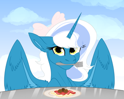 Size: 2500x2000 | Tagged: safe, artist:koloredkat, derpibooru import, oc, oc:fleurbelle, alicorn, alicorn oc, bow, cloud, female, food, fork, golden eyes, hair bow, looking at you, mare, meatballs, mouth hold, pasta, plate, spaghetti, table