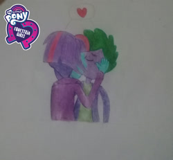 Size: 1862x1717 | Tagged: safe, derpibooru import, spike, sunny flare, equestria girls, hand on cheek, heart, kissing, love, shadowbolts, spike gets all the crystal prep, spike gets all the equestria girls, spikeflare, spikelove, traditional art