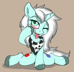 Size: 1512x1470 | Tagged: safe, artist:arjinmoon, derpibooru import, oc, oc only, oc:silver schism, pony, unicorn, akanbe, bandana, simple background, solo, tongue out