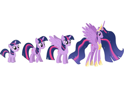 Size: 1024x768 | Tagged: safe, derpibooru import, princess twilight 2.0, twilight sparkle, twilight sparkle (alicorn), unicorn twilight, alicorn, pony, unicorn, the last problem, age progression, comparison, female, filly, filly twilight sparkle, foal, horn, mare, older, older twilight, older twilight sparkle (alicorn), simple background, smiling, white background, wings, younger