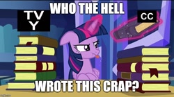 Size: 888x499 | Tagged: safe, derpibooru import, edit, edited screencap, screencap, twilight sparkle, twilight sparkle (alicorn), alicorn, pony, made in manehattan, book, caption, female, floppy ears, grumpy, grumpy twilight, image macro, magic, mare, meme, raspberry, solo, telekinesis, text, tongue out, vulgar