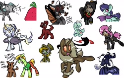 Size: 2233x1400 | Tagged: safe, artist:aviivix, derpibooru import, oc, dog, dragon, ghost, griffon, moth, mothpony, original species, pony, undead, clothes, curved horn, dragon oc, food, hat, horn, ponified, prone, raised hoof, scarf, scooby doo, shaggy, simple background, smiling, strawberry, top hat, white background