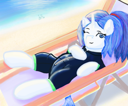 Size: 1117x920 | Tagged: safe, artist:legionsunite, derpibooru import, oc, oc:magenta pulse, unicorn, beach, lounge chair, solo, wetsuit