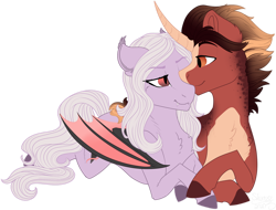 Size: 1720x1307 | Tagged: safe, artist:sharxz, derpibooru import, oc, oc:firefall, oc:violet thorn, bat pony, pony, unicorn, bat pony oc, commission, couple, digital art, fangs, female, gift art, male, mare, nuzzling, oc x oc, prone, shipping, simple background, smiling, stallion, straight, transparent background