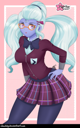 Size: 851x1352 | Tagged: safe, artist:clouddg, derpibooru import, sugarcoat, equestria girls, friendship games, breasts, clothes, crystal prep academy uniform, female, glasses, leggings, looking at you, open mouth, pigtails, plaid skirt, pleated skirt, school uniform, signature, skirt, solo, sugarcones, twintails