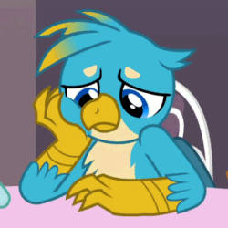 Size: 488x488 | Tagged: safe, derpibooru import, edit, edited screencap, screencap, gallus, griffon, she's all yak, animated, ashamed, claws, cropped, cute, folded wings, gallabetes, gif, guilty, looking down, loop, male, reaction image, sad, sadorable, sitting, solo focus, talons, tapping, teenager, waiting, wings