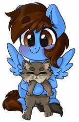 Size: 1228x1898 | Tagged: safe, artist:cottonsweets, derpibooru import, oc, oc:pegasusgamer, cat, pegasus, animal, blushing, fluffy, happy, holding, sitting, wings