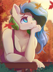 Size: 3300x4500 | Tagged: safe, artist:ardail, derpibooru import, oc, oc only, anthro, anthro oc, autumn, breasts, cleavage, clothes, female, fence, heterochromia, high res, leaning, leaning forward, mare, smiling, solo, tanktop, tree