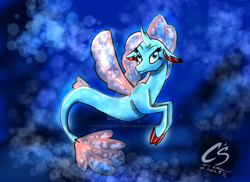 Size: 1024x745 | Tagged: safe, artist:johnathon-matthews, derpibooru import, ocellus, changeling, merpony, seapony (g4), deviantart watermark, disguise, disguised changeling, mermay, obtrusive watermark, ocean, seaponified, seapony ocellus, solo, species swap, watermark