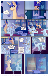 Size: 2301x3549 | Tagged: safe, artist:darlyjay, derpibooru import, oc, oc:sterling sentry, pony, unicorn, comic:save the harmony, book, comic, female, magic, mare, offspring, parent:flash sentry, parent:twilight sparkle, parents:flashlight