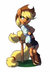 Size: 1948x2807 | Tagged: safe, artist:luciferamon, derpibooru import, applejack, earth pony, pony, semi-anthro, bipedal, bipedal leaning, boots, chest fluff, clothes, crossed arms, cute, female, hoof boots, jackabetes, leaning, mare, shirt, shoes, shorts, simple background, smiling, solo, white background