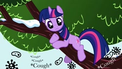 Size: 1231x692 | Tagged: safe, derpibooru import, edit, edited screencap, screencap, twilight sparkle, unicorn twilight, pony, unicorn, winter wrap up, bacteria, caption, coronavirus, cough, covid-19, cute, female, image macro, looking at something, looking down, mare, scared, sick, solo, text, tree, tree branch, twiabetes