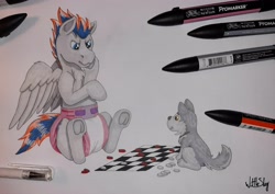 Size: 3923x2784 | Tagged: safe, artist:wittleskaj, derpibooru import, oc, oc:thunder heart, pegasus, wolf, abdl, adult foal, checkers, diaper, diaper fetish, fetish, male, playing, plushie, promarker, stallion, traditional art