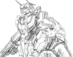 Size: 1400x1102 | Tagged: safe, artist:baron engel, derpibooru import, applejack, anthro, earth pony, robot, clothes, female, grayscale, gun, macross, mare, monochrome, pencil drawing, robotech, simple background, solo, traditional art, vf-1 valkyrie, weapon, white background