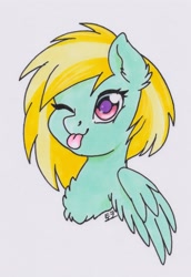 Size: 2941x4274 | Tagged: safe, artist:tokokami, derpibooru import, oc, oc:cloud cuddler, pegasus, :p, bust, one eye closed, portrait, scan, tongue out, traditional art